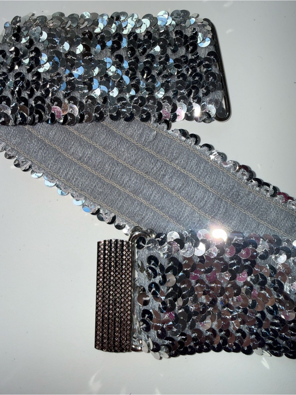 Silver sequin stretch belt, 90s, new old stock with original tag